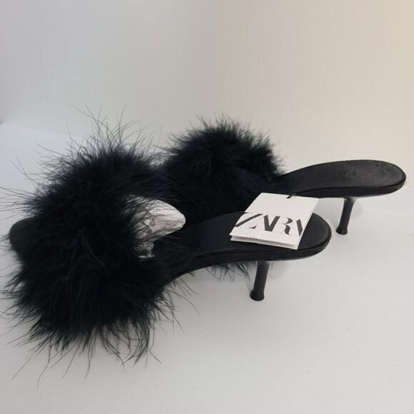 ZARA HEELED MULES WITH FEATHERS Black SIZE 8 | 1302/110/800 - Picture 3 of 10